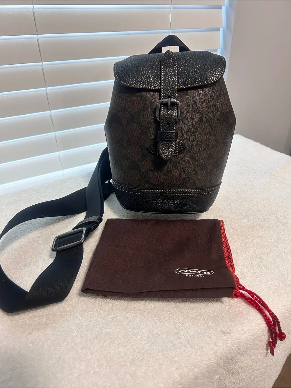 Coach Brown Signature Canvas Leather Trim Backpack / Sling Authentic